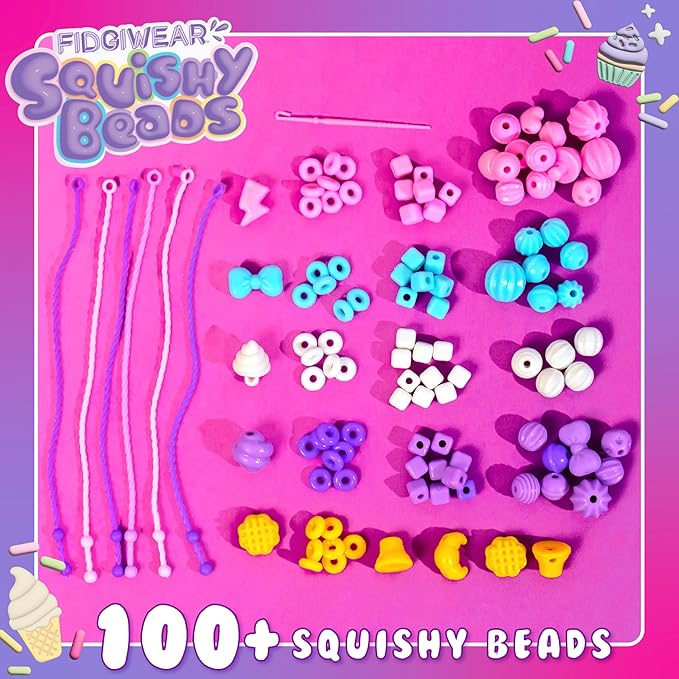 Fidgiwear Squishy Beads – Pink Sweety Theme, Create Fashionable Fidget Jewelry with Scented Squishy Beads for Jewelry Making, Toddler Sensory Bracelet Making Kit for Ages 3+