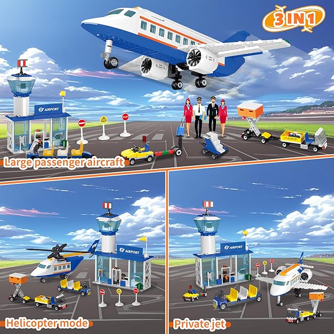 City 3 in 1 Airplane Building Set with Light, 717 PCS Toy Plane Building Blocks Kit with Airport Terminal, Luggage Truck, Aircraft STEM Toys Gift for Boys Girls Kids 6 7 8 9+ Years Old