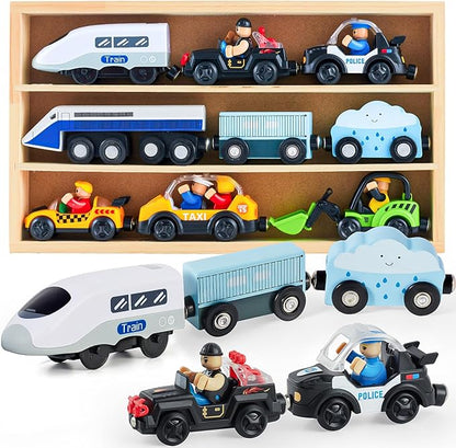 Electric Train Set Toys Wooden Magnetic Cars - Locomotive Auto Forward/Park, Gift for 3 4 5 6 Year Old Toddlers Kids Boys Truck Trains Toy, Compatible with Common Wooden Train Tracks