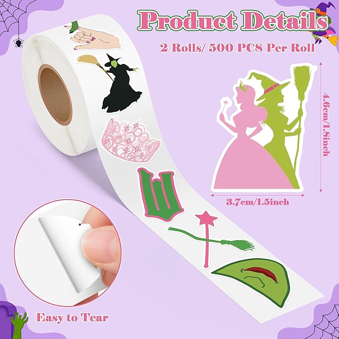1000Pcs Witch Musical Stickers, Pink Crown Black Hat Green Broom Adhesive Decals for Kids Girls, Wicky Witch TV Movie Merchandise Party Decoration for Birthday Gifts Laptop Guitar Luggage