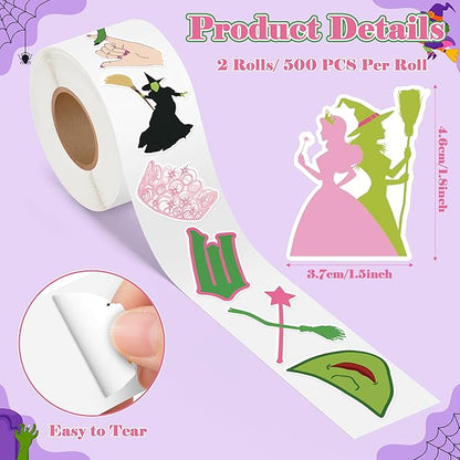 1000Pcs Witch Musical Stickers, Pink Crown Black Hat Green Broom Adhesive Decals for Kids Girls, Wicky Witch TV Movie Merchandise Party Decoration for Birthday Gifts Laptop Guitar Luggage