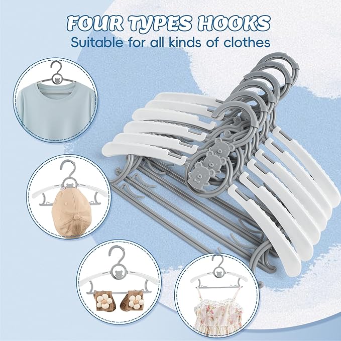 Kids Hangers 80 Pack Baby Hangers, Extendable & Adjustable Kid Hangers， Non-Slip Plastic Baby Clothes Hangers for Kids Infant Child - Stackable Hangers for Baby Clothes Grey Toddler Hangers