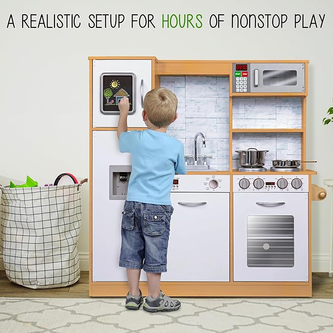 Lil' Jumbl Kids Kitchen Set, Pretend Wooden Play Kitchen, Battery Operated Icemaker & Microwave with Realistic Sound, Pots & Pan Included - Natural