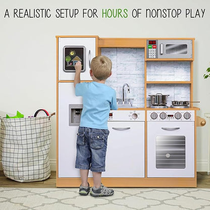 Lil' Jumbl Kids Kitchen Set, Pretend Wooden Play Kitchen, Battery Operated Icemaker & Microwave with Realistic Sound, Pots & Pan Included - Natural