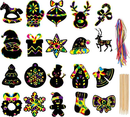 LOKIPA Christmas Scratch Paper Art Set, 80 Pieces Magic Rainbow Scratch Off Cards Ornaments for Kids Christmas