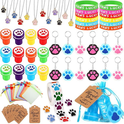 85 Pieces Dog Paw Party Favors Set Dog Paw Print Party Supplies with Paw Print Silicone Bracelet Stamper Sticker Keychain Pendant Chain Organza Bag and Thank You Tag for Girl Kid Boy Party Birthday
