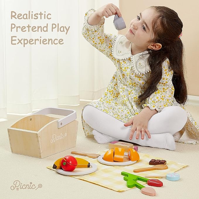 Play Food Sets for Kids Kitchen, Wooden Picnic Basket Playset Toy,Pretend Play Kitchen Food Toy with Cutting Fruits for Toddlers Girls Boys Ages 3+