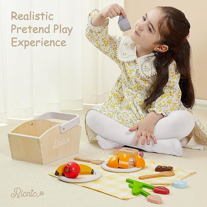 Play Food Sets for Kids Kitchen, Wooden Picnic Basket Playset Toy,Pretend Play Kitchen Food Toy with Cutting Fruits for Toddlers Girls Boys Ages 3+