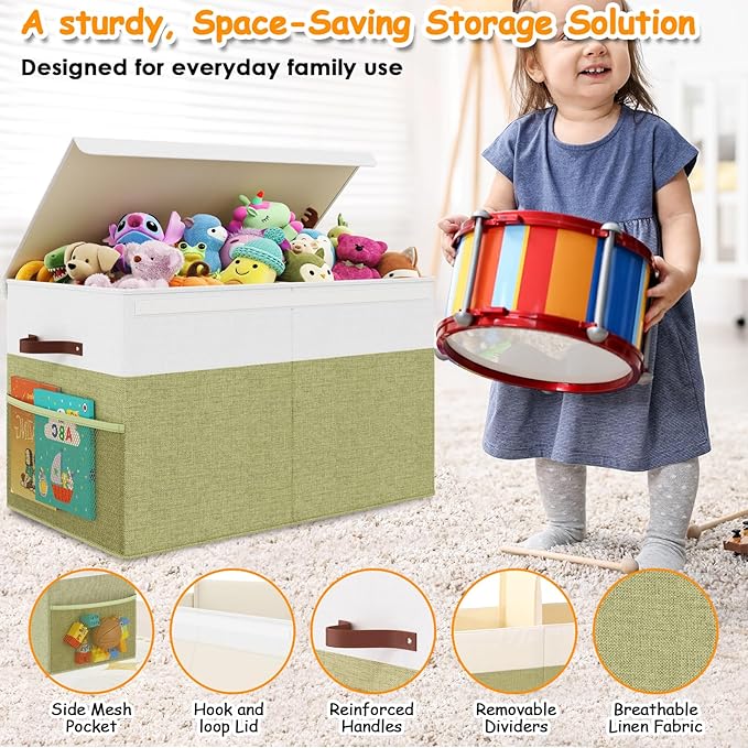 Large Toy Storage Box with Lid Upgraded Toy Storage Chest Organizer with Divider Foldable Toy Bin for Kids Boys Girls Playroom Nursery Bedroom (25"x13"x16")