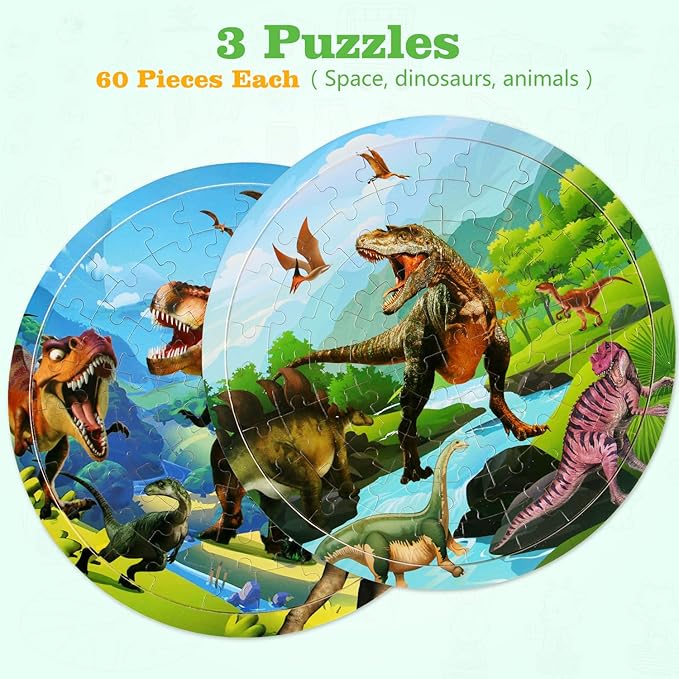 Wooden Dinosaur Puzzles for Kids Ages 4-6, Set of 2 Packs with 48-Piece Jigsaw Puzzles Preschool Educational Brain Teaser Boards Toys Gifts Children, Wood Puzzles for 3 4 5 6 7 8 Years Old Boys Girls