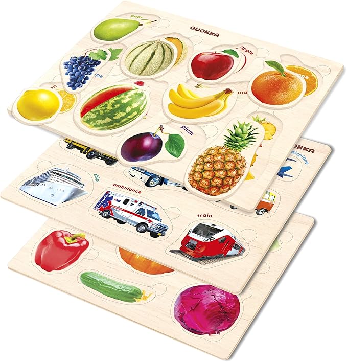 QUOKKA Wooden Puzzles for Toddlers 1-3 – 3xSET Kids Puzzles Ages 2-4 – Montessori Toy Puzzles for Toddlers 3-5 – Wood Toy Learning Realistic Fruits - Cars - Vegetables for Boy and Girl