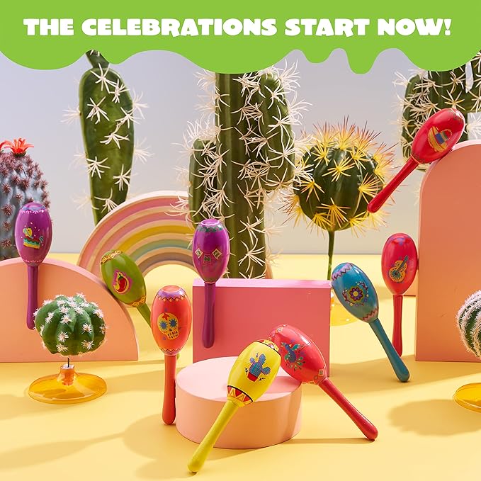 JOYIN 9 Pcs Fiesta Wooden Maracas 9 Designs Noisemaker for Cinco De Mayo Party Favors, Mexican Musical Fun, Carnivals, Taco Tuesday Event, Mexican Decorations, Luau Party