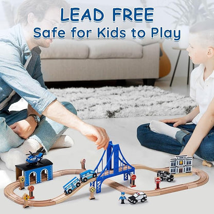 SainSmart Jr. Wooden Train Set - Interactive Police Playset for Kids | Building Toy with Train, Figures & Accessories | Compatible with Brio, Thomas, Melissa and Doug | Educational STEM Gift