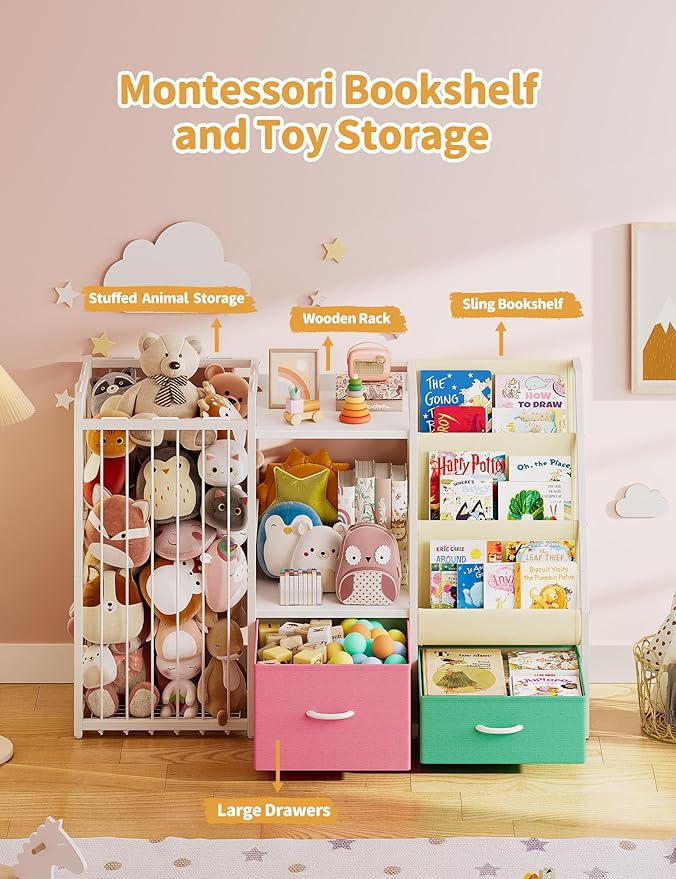 Twinkoo Kids Bookshelf and Toy Storage, Large 3 Tier Book Shelf for Kids Rooms, Sling Baby Bookcase with Stuffed Animal Storage, Toddler Montessori Bookshelf for Nursery, Playroom (Pink+Green)