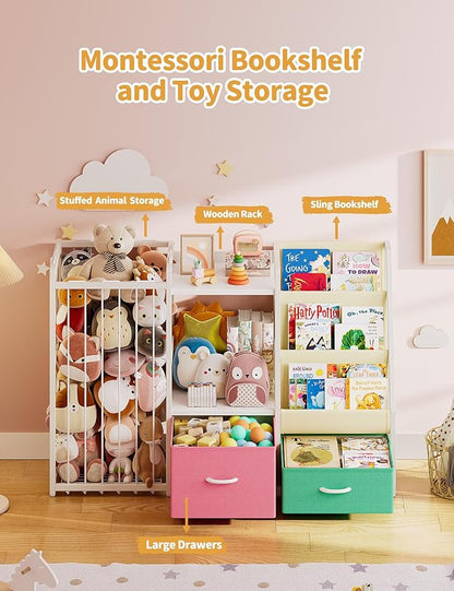 Twinkoo Kids Bookshelf and Toy Storage, Large 3 Tier Book Shelf for Kids Rooms, Sling Baby Bookcase with Stuffed Animal Storage, Toddler Montessori Bookshelf for Nursery, Playroom (Pink+Green)