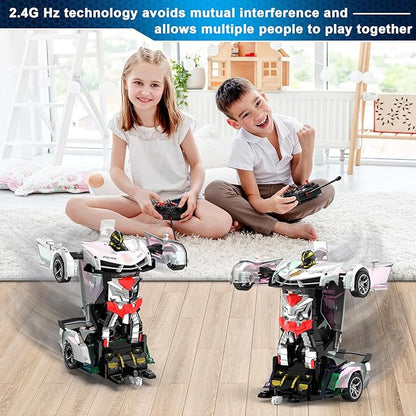 FDJ Transform Remote Control Car - Toys Car Robot with Shiny Sprayed Surface, One Button Deformation to Robot with Flashing Light, 2.4Ghz 1:18 Scale Transforming Police Car Kids Toys