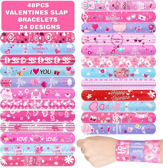 48 Pcs Valentines Day Slap Bracelets with Colorful Hearts for Birthday Gifts for Kids Party Supplies Favors Classroom Exchange Birthday Giveaways Game Prizes Kids Party Favors