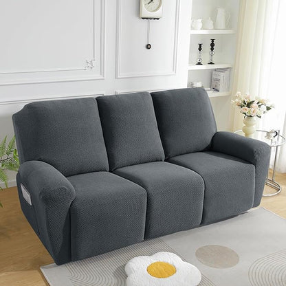 JIVINER 8-Piece Recliner Sofa Cover Stretch Jacquard Reclining Couch Cover for 3 Cushion Recliner Slipcovers 3 Seater Recliner Furniture Covers with Pocket (Sofa Recliner, Dark Gray)