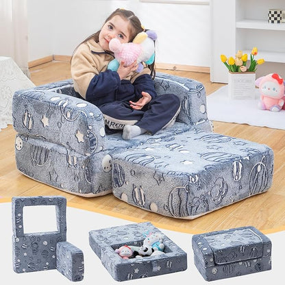 Kids Nugget Play Couch 3-in-1 Modular Toddler Couch Baby Couch Foam Armchair for Boys & Girls Children Convertible Sectional Sofa to Lounger Fold Out Kids Furniture, Grow in The Dark Universe