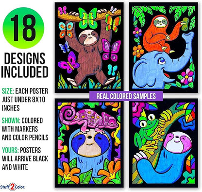 Stuff2Color Super Pack of 18 Fuzzy Velvet Coloring Posters (Sloth Adventures) - Arts & Crafts for Girls and Boys - Great for After School, Travel, Planes, Group Activities, and Coloring with Friends
