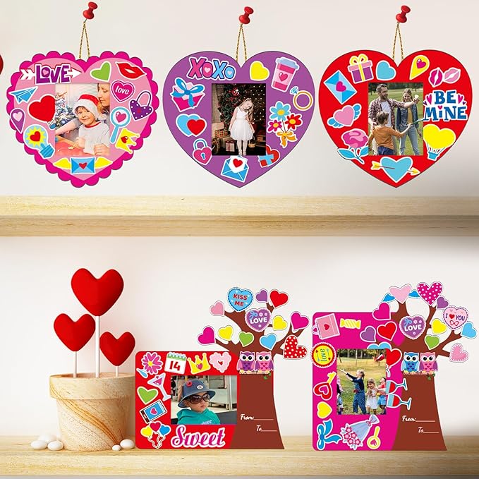 Qyeahkj Picture Frame Craft Set, 30 Set Valentines Day Art Kit for Kids with Easel, Heart Tree Picture Frame, Owl Stickers, Tree Card, Glue Points