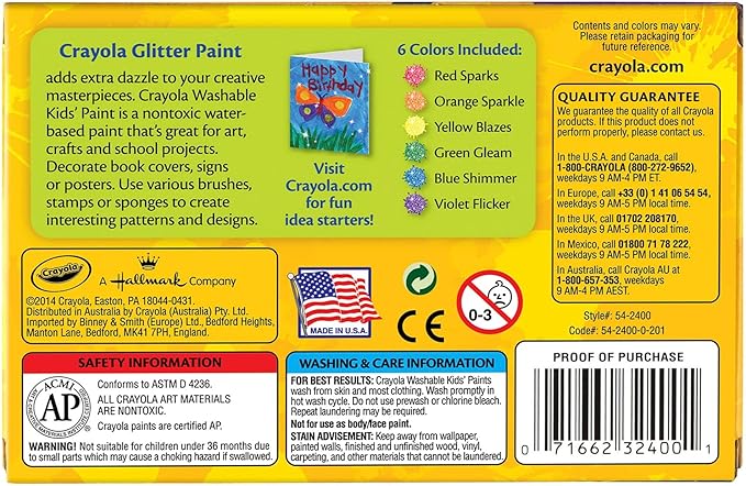 Crayola Washable Glitter Paint Great for Classroom Projects, 6 Count