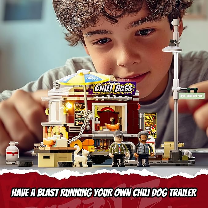 FUNWHOLE Chili Dog Trailer Lighting Building-Bricks Set - City Food Truck Toy Playkit 515 Pcs for Adults and Kids