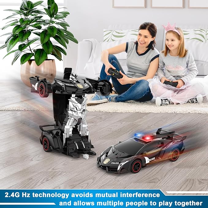 FDJ Remote Control Car - Transform Car Robot, One Button Deformation to Robot with Flashing Light, 2.4Ghz 1:18 Scale Transforming Police Car Kids Toys with 360 Degree Rotating Drifting, Toys