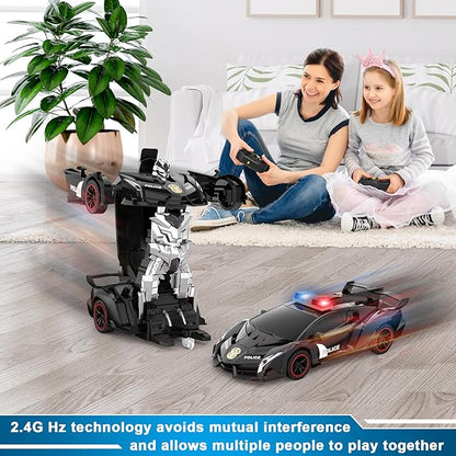 FDJ Remote Control Car - Transform Car Robot, One Button Deformation to Robot with Flashing Light, 2.4Ghz 1:18 Scale Transforming Police Car Kids Toys with 360 Degree Rotating Drifting, Toys