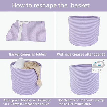 XUANGUO Cotton Rope Basket For Girls Boys Kids 16”X14” Baby Laundry Basket Nursery Bin Round Woven Baskets Organizer For Storage Toys Blankets Shoes Clothes purple