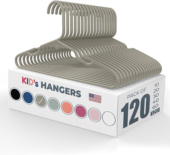 120pk Made in USA Baby Hangers | Kids Hangers for Children's Clothes, Toddler Outfits and Clothing | 20 50 100 Pack Available | Kid Plastic Hanger for Closet and Nursery | Child Kid Hangars (Gray)