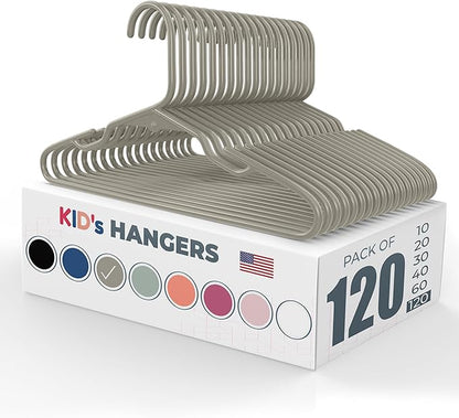120pk Made in USA Baby Hangers | Kids Hangers for Children's Clothes, Toddler Outfits and Clothing | 20 50 100 Pack Available | Kid Plastic Hanger for Closet and Nursery | Child Kid Hangars (Gray)