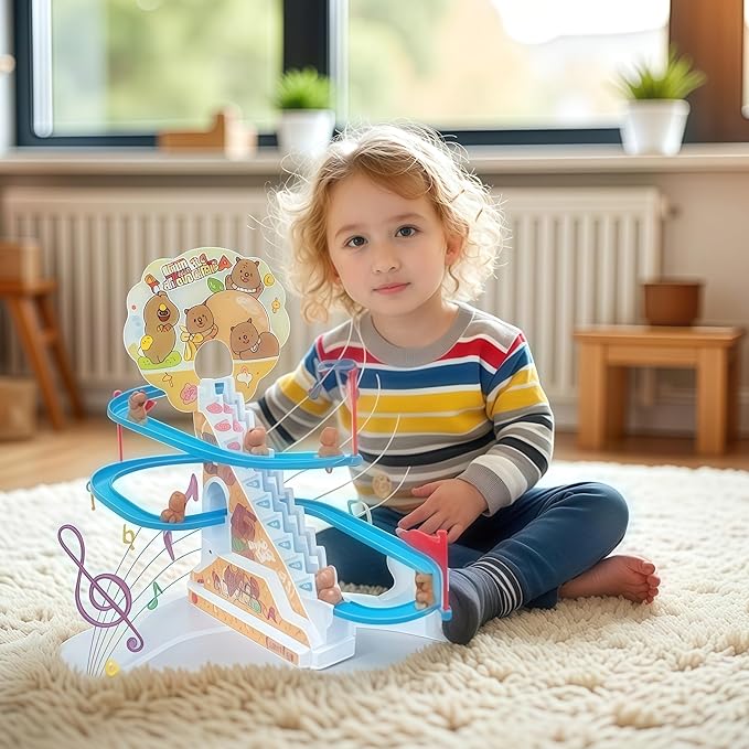 Roller Coaster Toys for Toddlers, Climbing Stairs Slide Toy Set with Flashing Lights & Music On/Off Button, Birthday Capybara Gifts for Boys Girls Kids