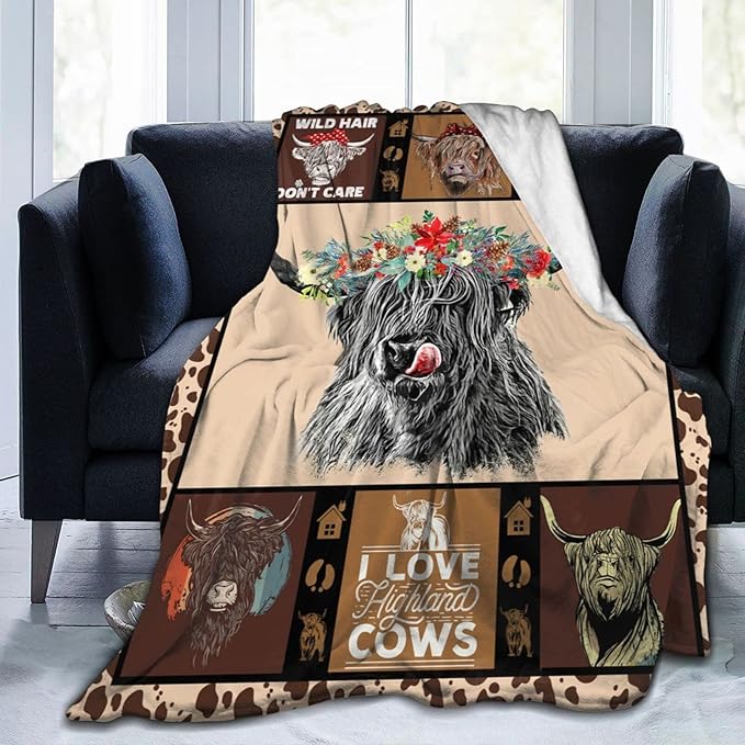 Highland Cow Throw Blanket Gifts for Women Adults Cattle Animal Print Ultra Soft Cozy Plush Fleece Warm Lightweight Living Room Couch Bed Dorm Chair Sofa Decor 40''X50''
