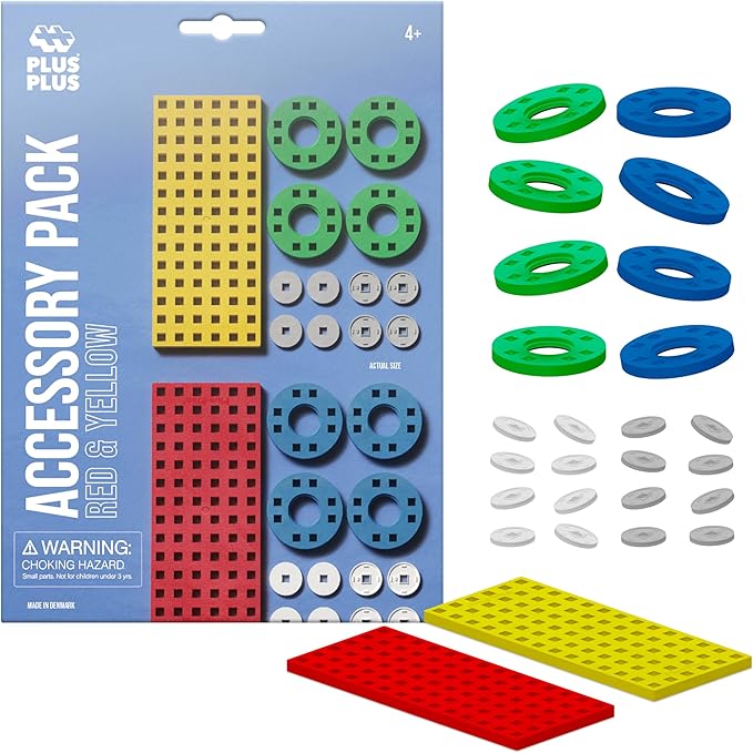 PLUS PLUS Accessory Pack, 2 Baseplates, 8 Wheels, Car Plane Train Building Pieces, Stem Construction Parts for Kids - Red & Yellow