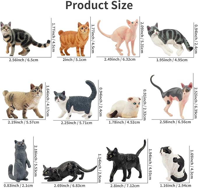 12PCS Cat Figurines, Plastic Cat Figures Realistic Kitten Toys, Cat Cake Toppers Halloween Christmas Birthday Gift for Kids & Children