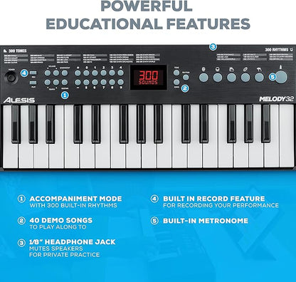 Alesis Melody 32 - Electric Keyboard Digital Piano with 32 Keys, Speakers, 300 Sounds, 300 Rhythms, 40 Songs, USB-MIDI Connectivity and Piano Lessons