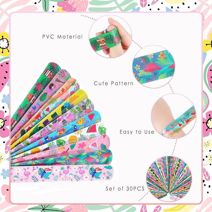 Viicoor 30 PCS Slap Bracelets Pink Hawaii Snap Bracelet Wrisrtband for Party Favors Aloha Bag Filler School Prizes Gifts Party Favors Bulk (8-Hawaii-30PCS)