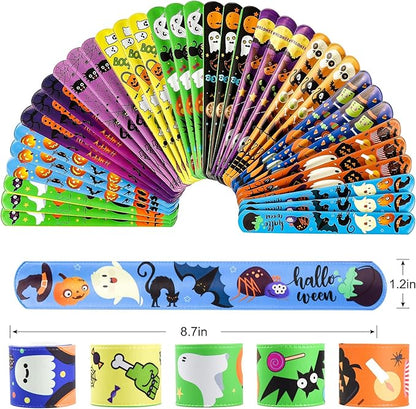 Halloween Party Favors for Kids - 50 Pack Slap Bracelets Halloween Decorations for Party Supplies, 36PCS Friendship Bracelet+14 Rubber Wristbands, Perfect Halloween Snap Bracelets for Halloween Treats
