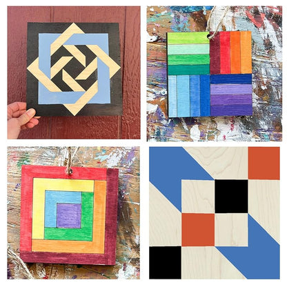 Set of Four 9 Inch Barn Quilt Kit DIY Pattern Unfinished Wood Quilting Block Sign Paintable Crafts for Women, Children, Men, Party (Log Cabin, Road to Oklahoma, Slip Knot, Rail Fence) AVTRBoutique