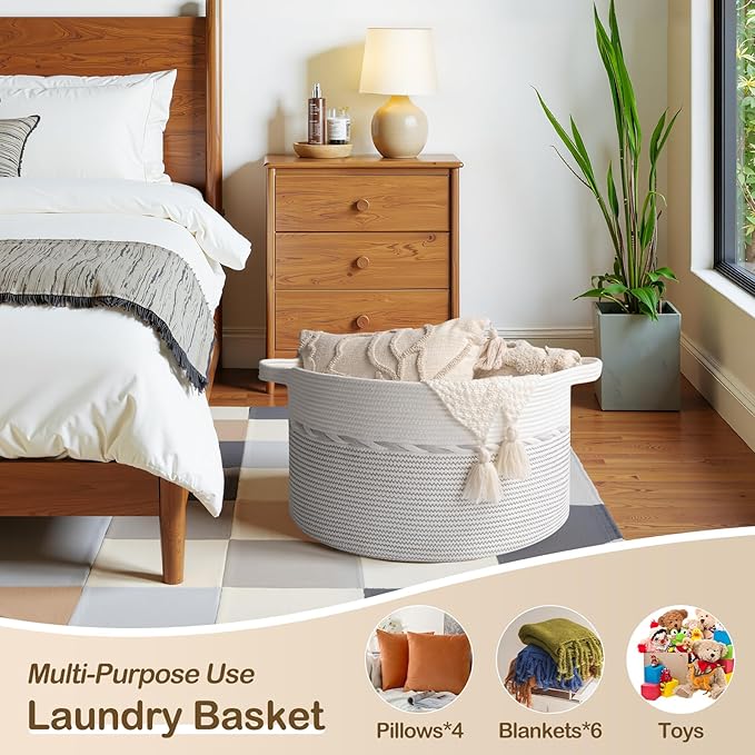 OIAHOMY 90L Blanket Basket for Living Room, Large Basket 23" x 23" x 13" with Handle, Laundry Hamper for Blankets, Pillows, Toy Storage for Kids, Dogs - Light Grey & White