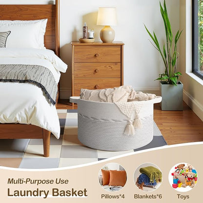 OIAHOMY 90L Blanket Basket for Living Room, Large Basket 23" x 23" x 13" with Handle, Laundry Hamper for Blankets, Pillows, Toy Storage for Kids, Dogs - Light Grey & White