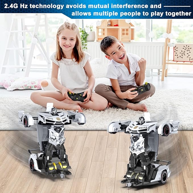 FDJ Remote Control Car - Transform Toys Car Robot, One Button Deformation to Robot with Flashing Light, 2.4Ghz 1:18 Scale Transforming Police Car Kids Toys with 360 Degree Rotating, Girls Boys Toys