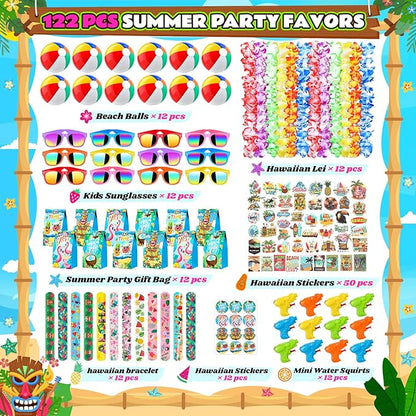 Joycover Pool Party Favors Beach Party Favors 122 PCS Hawaiian Pool Beach Party Decorations, Hawaiian Leis For Luau Party Decorations, Beach Balls, Kids Sunglasses, Pool Party Supplies, Summer Toys…