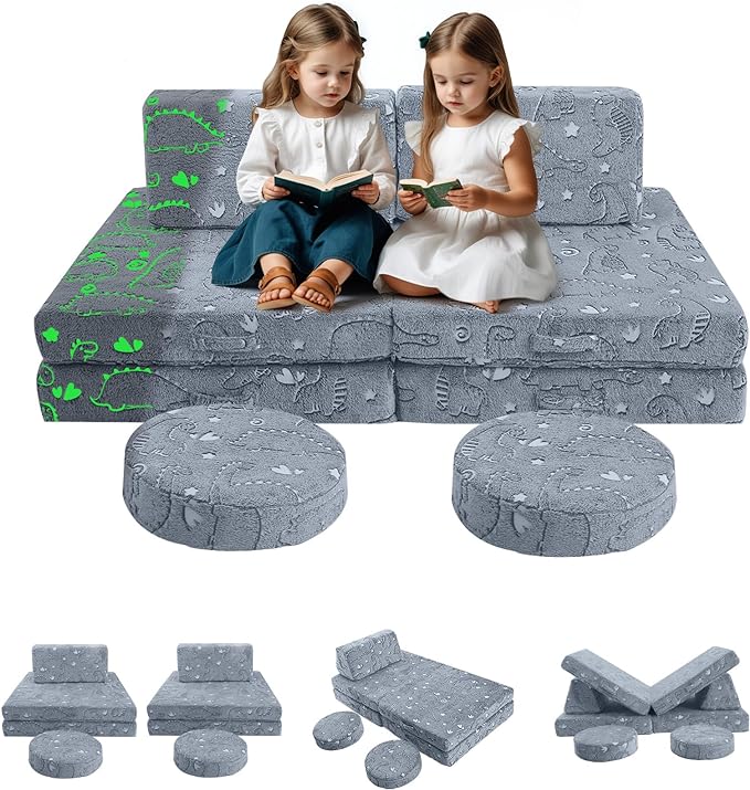 MeMoreCool Modular Glow Dinosaur Sofa for Kids, 8-Piece Convertible Foam Toddler Couch Play Set for Playroom and Children