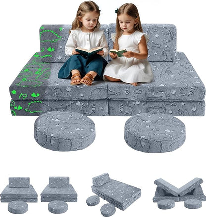 MeMoreCool Modular Glow Dinosaur Sofa for Kids, 8-Piece Convertible Foam Toddler Couch Play Set for Playroom and Children