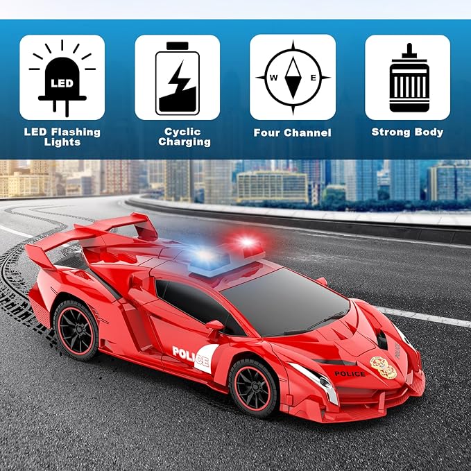 FDJ Transform Remote Control Car Robot, One Button Deformation to Robot with Flashing Light, 2.4Ghz 1:18 Scale Transforming Police Car Kids Toys with 360 Degree Rotating Drifting, Toys for Boys Girls