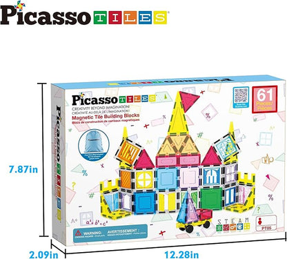 PicassoTiles Magnetic Tiles 61pc Magnet Tile Building Blocks Construction Sensory Toy Set with Storage Carry Case Drawstring Bag STEM Kids Learning Educational Pretend Play Boy Girl Ages 3+ & Up PT05