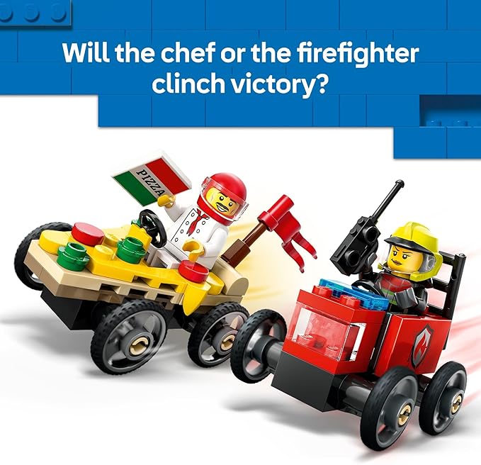LEGO City Pizza vs. Fire Truck Race Car Pack Toy - Building Toy for Kids, Boys and Girls, Ages 5+ - Gift for Birthdays and Holidays - Includes Chef and Firefighter Minifigures - 60458