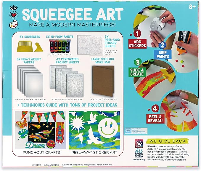 Bright Stripes iHeartArt Squeegee Art Kids Paint Kit, Childrens Painting Crafts Creativity Set, Including Paints, Squeegees, Paper, Stickers, Punch Outs and Work Surface, Great Creative Gifts
